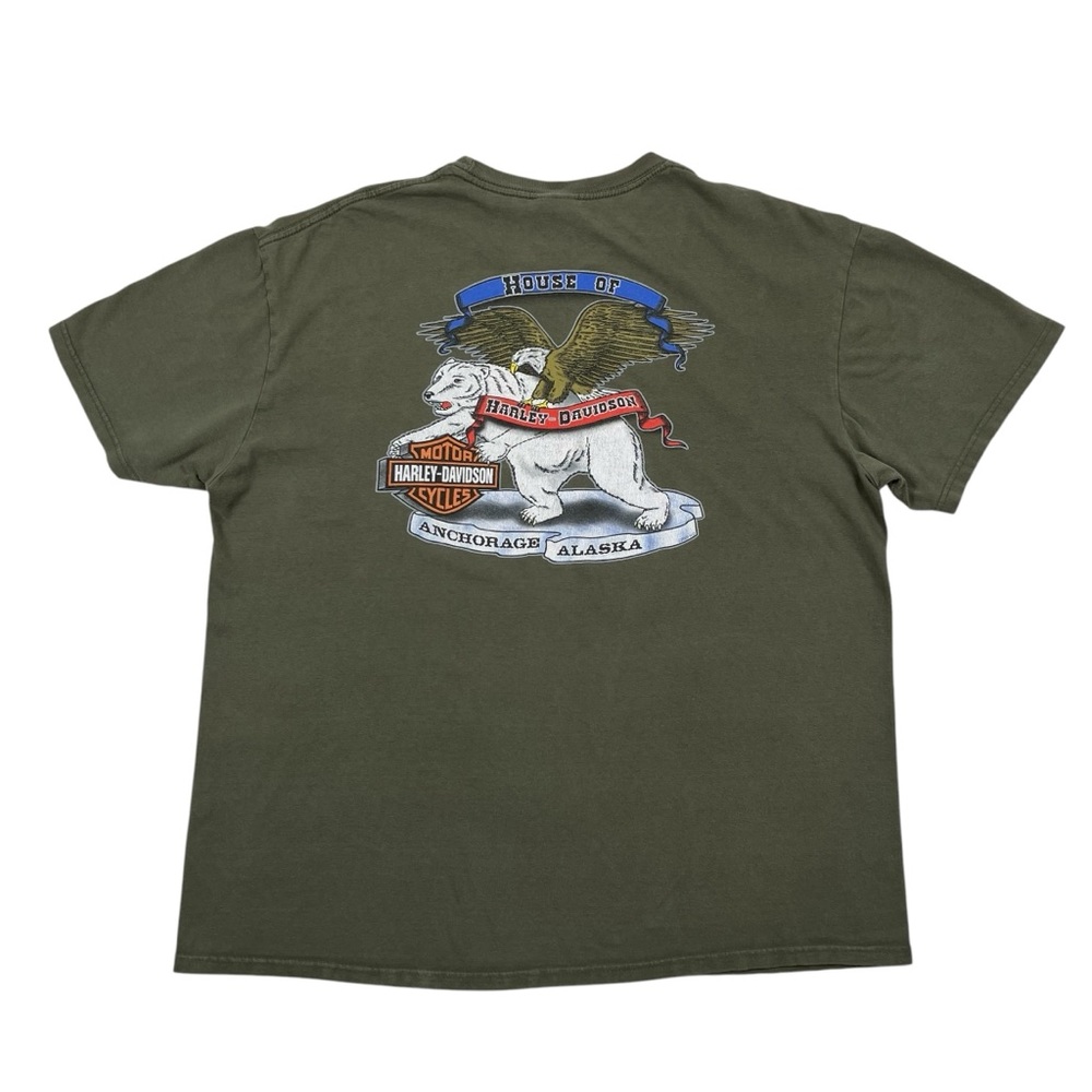 House of Harley Davidson Anchorage AK Faded Green T Shirt with Eagle & Bear